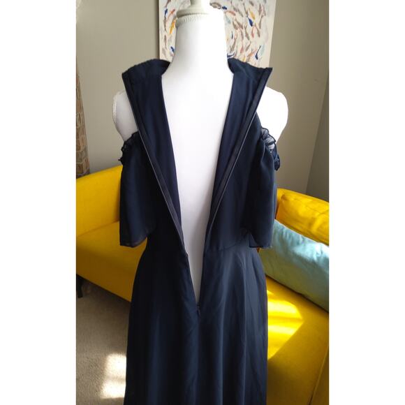 Romantic Flowy Navy ruffled midi dress high neck peekaboo shoulder Sz S - Picture 8 of 8